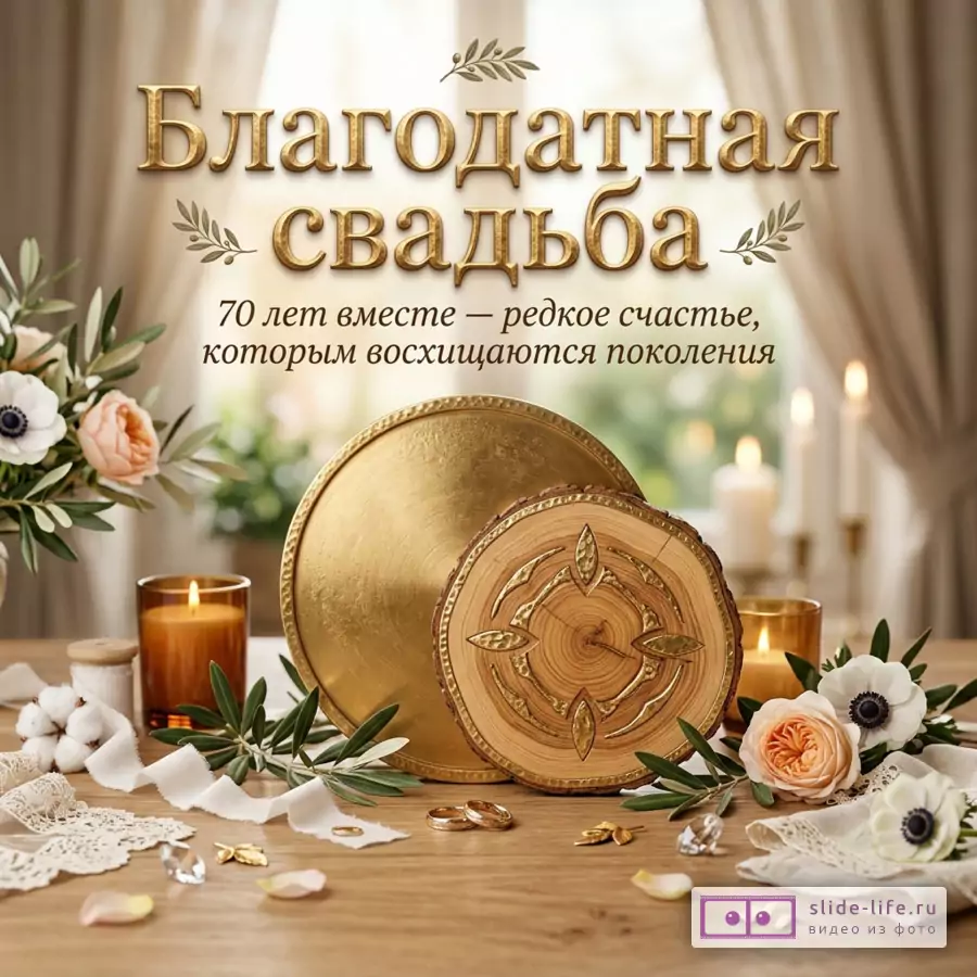 Бежевая открытка с золотым текстом «Благодатная свадьба 70 лет вместе — редкое счастье, которым восхищаются поколения», свечами, цветами, кольцами, золотым блюдом и деревянным декором