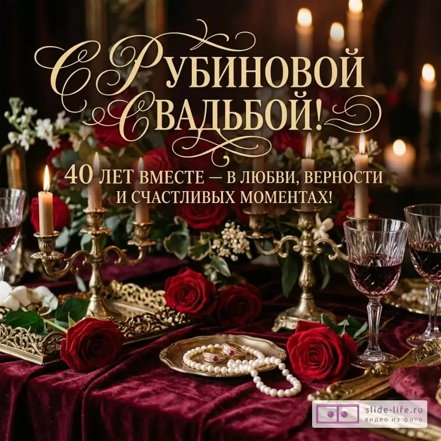 Темно-бордовый фон, красные розы, свечи, бокалы, золотые подсвечники, кольца и жемчужное ожерелье. «С РУБИНОВОЙ СВАДЬБОЙ! 40 ЛЕТ ВМЕСТЕ — В ЛЮБВИ, ВЕРНОСТИ И СЧАСТЛИВЫХ МОМЕНТАХ!»