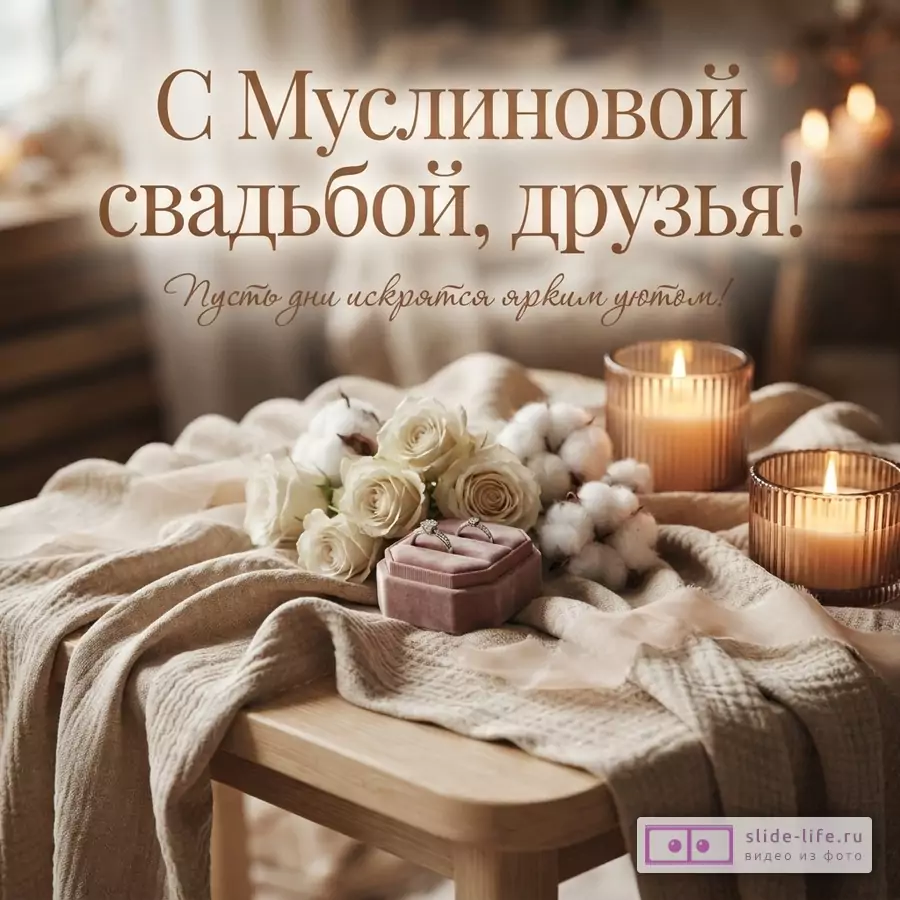 Бежевый фон, на переднем плане деревянная скамейка, на ней бежевая ткань, белые розы, коробочка с кольцами, хлопок, две горящие свечи. Текст «С Муслиновой свадьбой, друзья! Пусть дни искрятся ярким уютом!»
