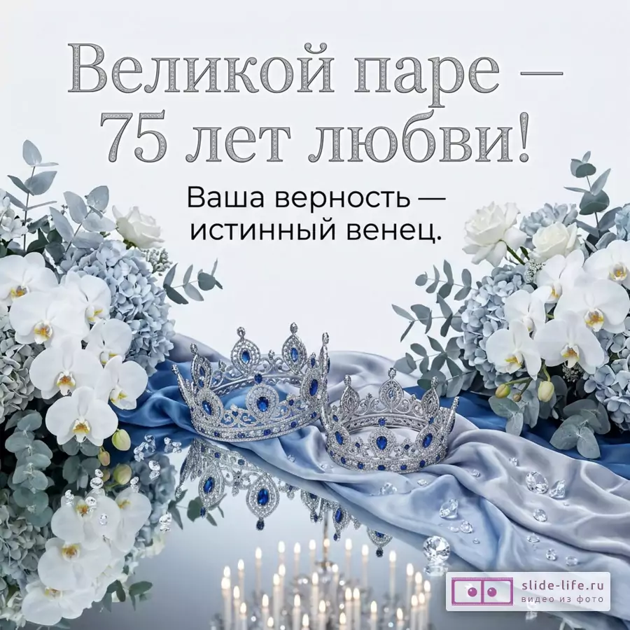 Две инкрустированные короны с сапфирами на голубом шелке в окружении белых орхидей и текст: «Великой паре — 75 лет любви! Ваша верность — истинный венец.»