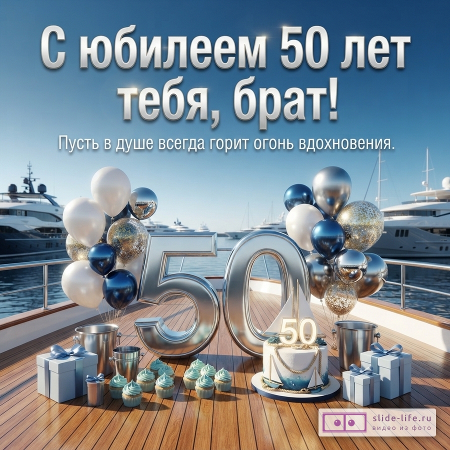Открытка с синим небом, на фоне яхты. На переднем плане деревянная палуба, серебряные цифры «50», воздушные шары белого, синего и золотого цвета, торт с цифрой «50», кексы, подарки. Текст: «С юбилеем 50 лет тебя, брат! Пусть в душе всегда горит огонь вдохновения.»