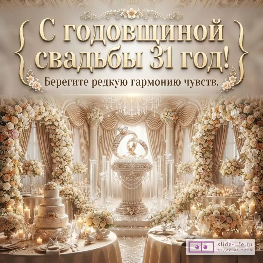 Золотистая свадебная композиция с цветами, шторами, свечами, тортом и кольцами. Текст «С годовщиной свадьбы 31 год! Берегите редкую гармонию чувств.»