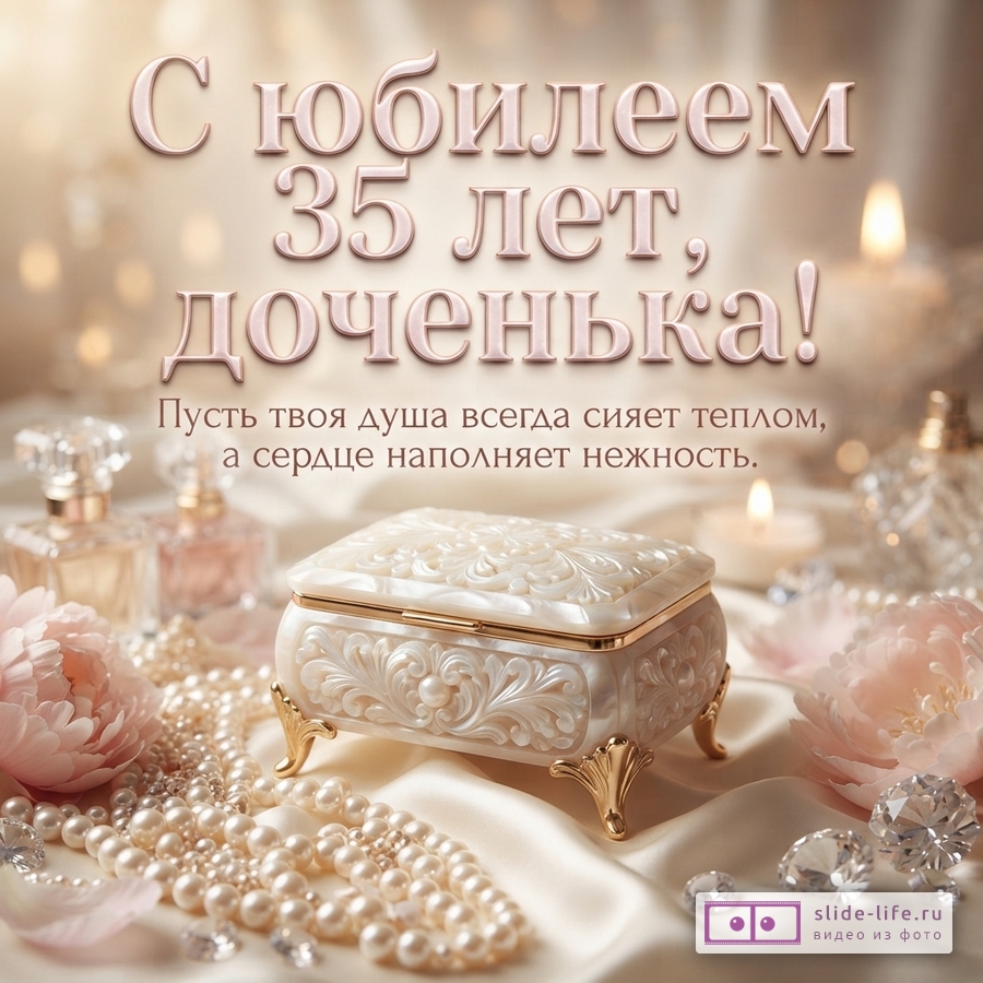 Перламутровая шкатулка, жемчужные бусы, флаконы духов и цветы на бежевом шелке с текстом «С юбилеем 35 лет, доченька! Пусть твоя душа всегда сияет теплом, а сердце наполняет нежность.»