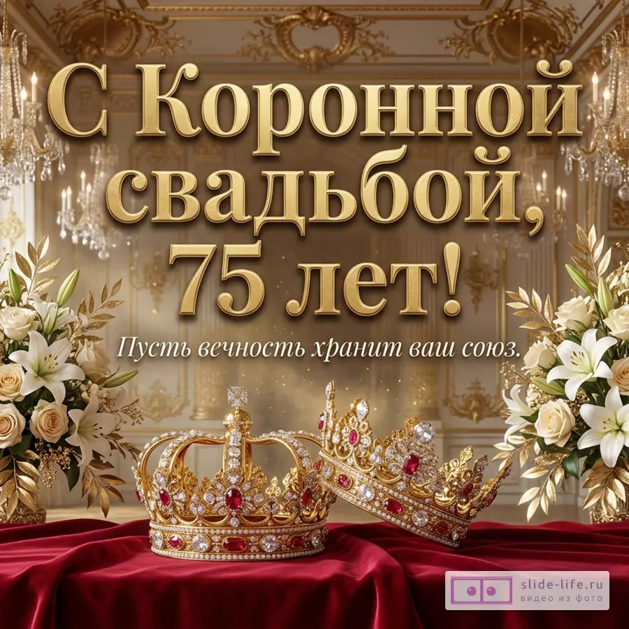 Две золотые короны с драгоценными камнями на красном бархате, белые лилии и текст «С Коронной свадьбой, 75 лет! Пусть вечность хранит ваш союз.» на фоне зала.