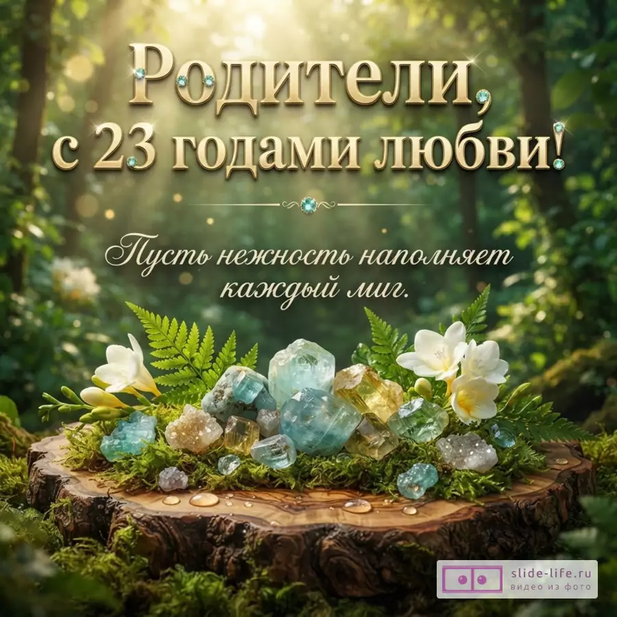 Кристаллы берилла, мох и белые цветы на деревянном спиле в залитом солнцем лесу с текстом «Родители, с 23 годами любви! Пусть нежность наполняет каждый миг.»