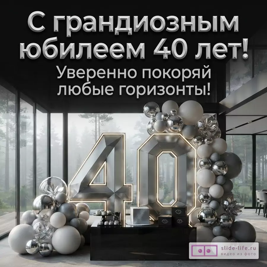 Открытка на черном фоне с объемными серебристыми буквами «С грандиозным юбилеем 40 лет!» и «Уверенно покоряй любые горизонты!». Внизу большие светящиеся цифры «40», украшенные шарами серого и белого цвета.
