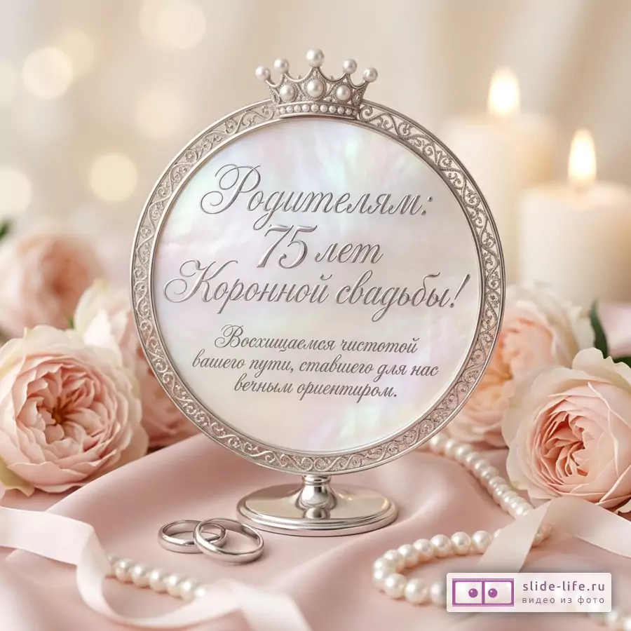 Круглая рамка с короной среди розовых роз, жемчуга и свечей. Текст: «Родителям: 75 лет Коронной свадьбы! Восхищаемся чистотой вашего пути, ставшего для нас вечным ориентиром.»