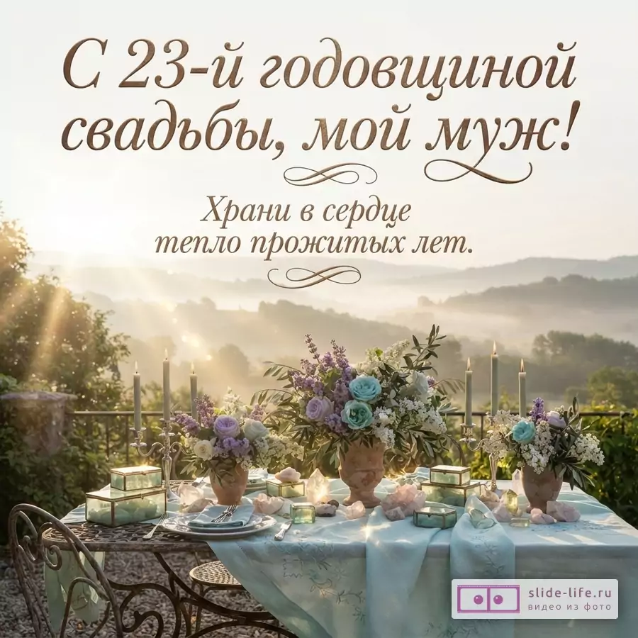 Светлый пейзажный фон с горами, цветочными композициями, свечами и сервированным столом; текст «С 23-й годовщиной свадьбы, мой муж! Храни в сердце тепло прожитых лет.»