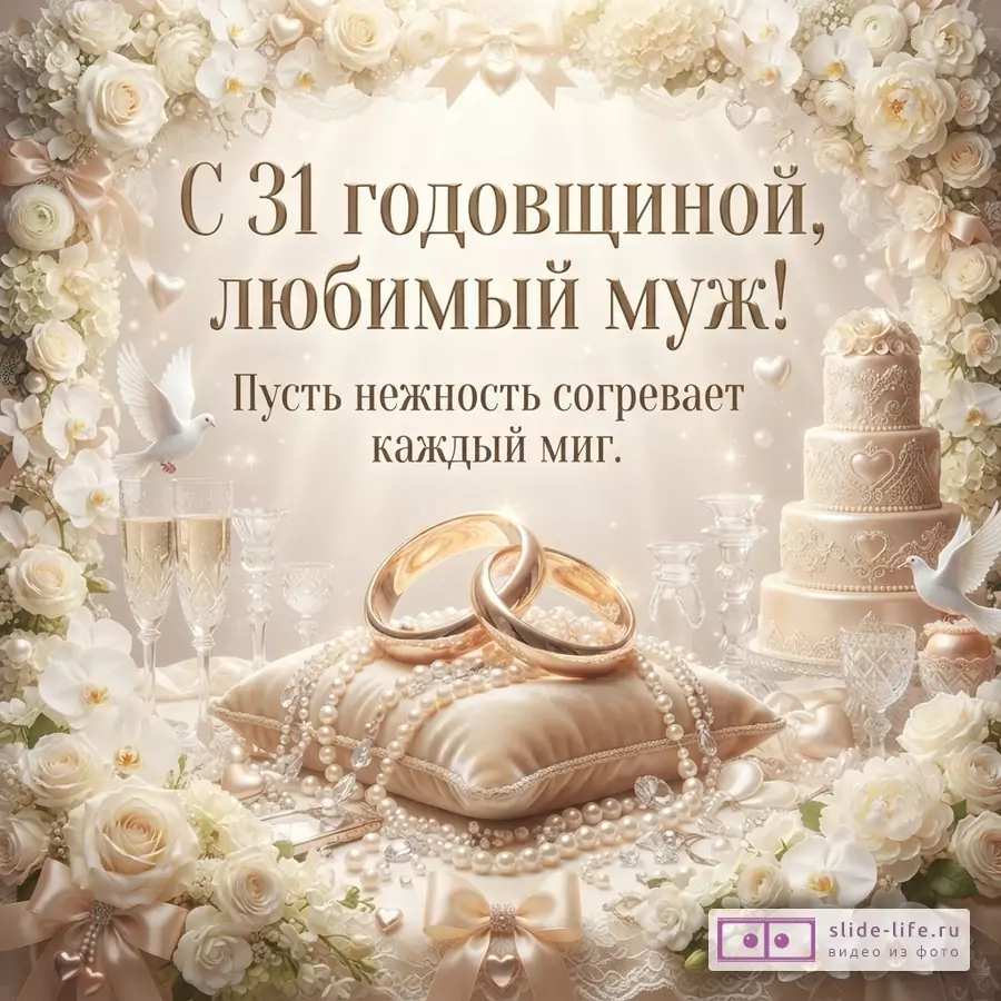 Бежево-золотая свадебная открытка с цветочной рамкой, кольцами, тортом, голубями и текстом «С 31 годовщиной, любимый муж! Пусть нежность согревает каждый миг.»