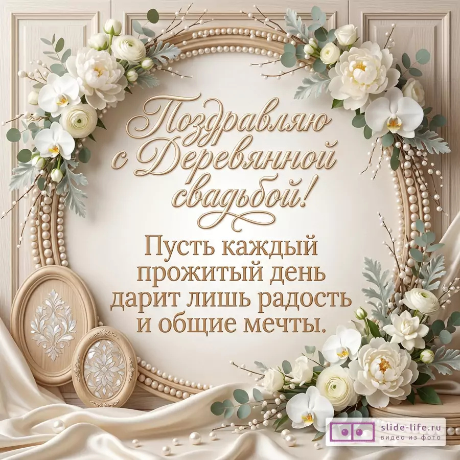 Бежево-кремовая открытка с цветочным венком, жемчужными дугами, деревянными элементами и надписью «Поздравляю с Деревянной свадьбой! Пусть каждый прожитый день дарит лишь радость и общие мечты.»