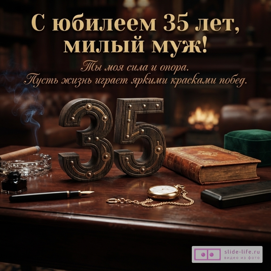 Деревянные цифры 35, книга, сигара и часы на столе в кабинете с камином, надпись «С юбилеем 35 лет, милый муж! Ты моя сила и опора. Пусть жизнь играет яркими красками побед.»