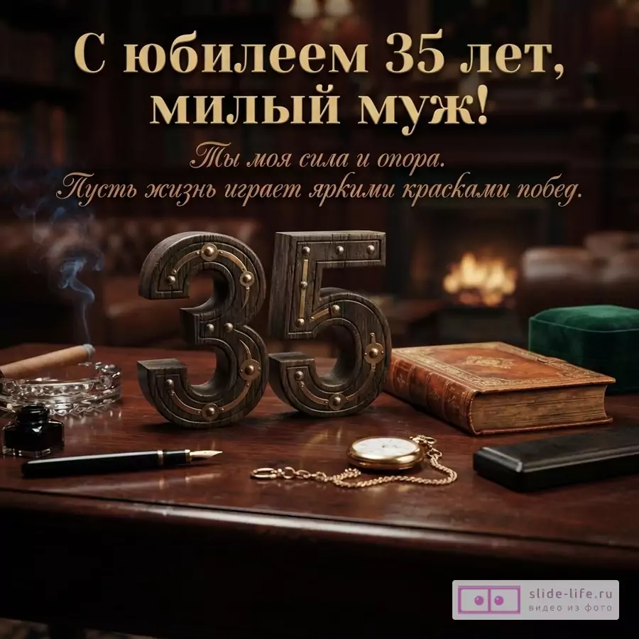 Деревянные цифры 35, книга, сигара и часы на столе в кабинете с камином, надпись «С юбилеем 35 лет, милый муж! Ты моя сила и опора. Пусть жизнь играет яркими красками побед.»