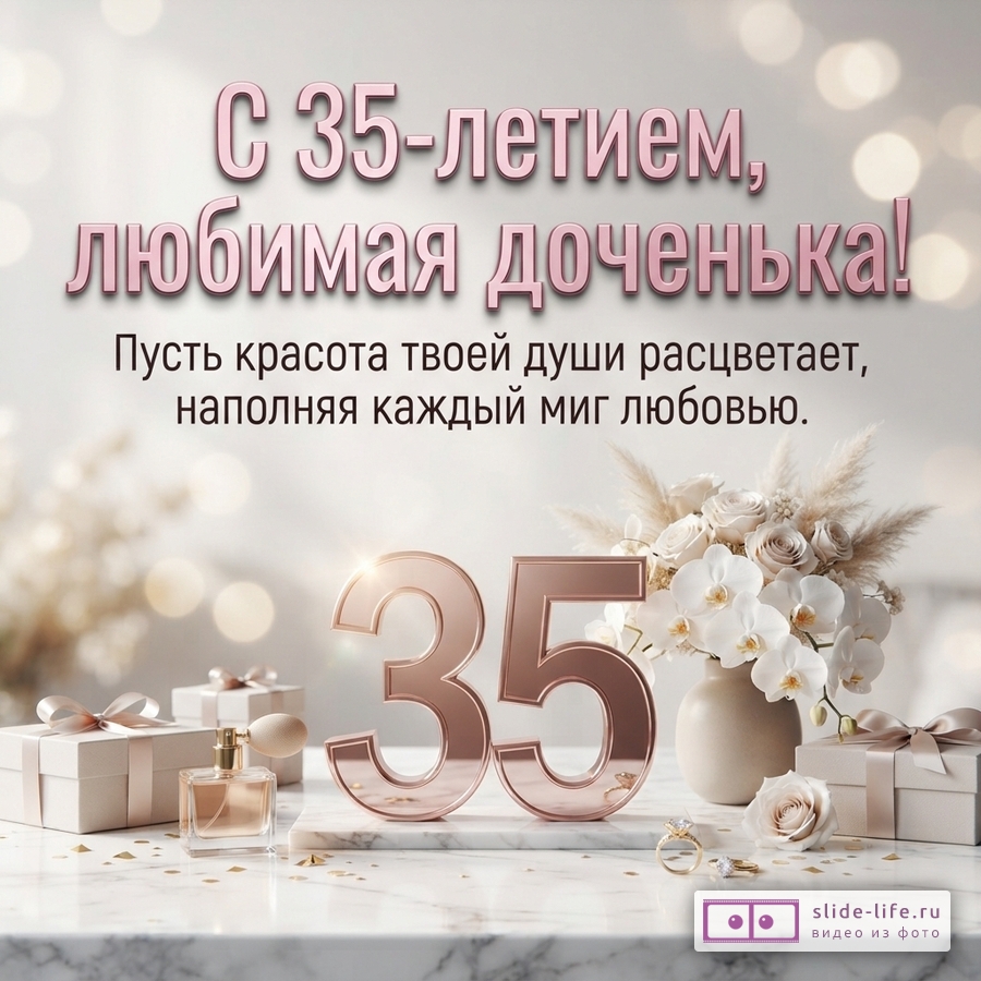 Объемная цифра 35 цвета розового золота, флакон духов, подарки и белые орхидеи с надписью «С 35-летием, любимая доченька! Пусть красота твоей души расцветает, наполняя каждый миг любовью».