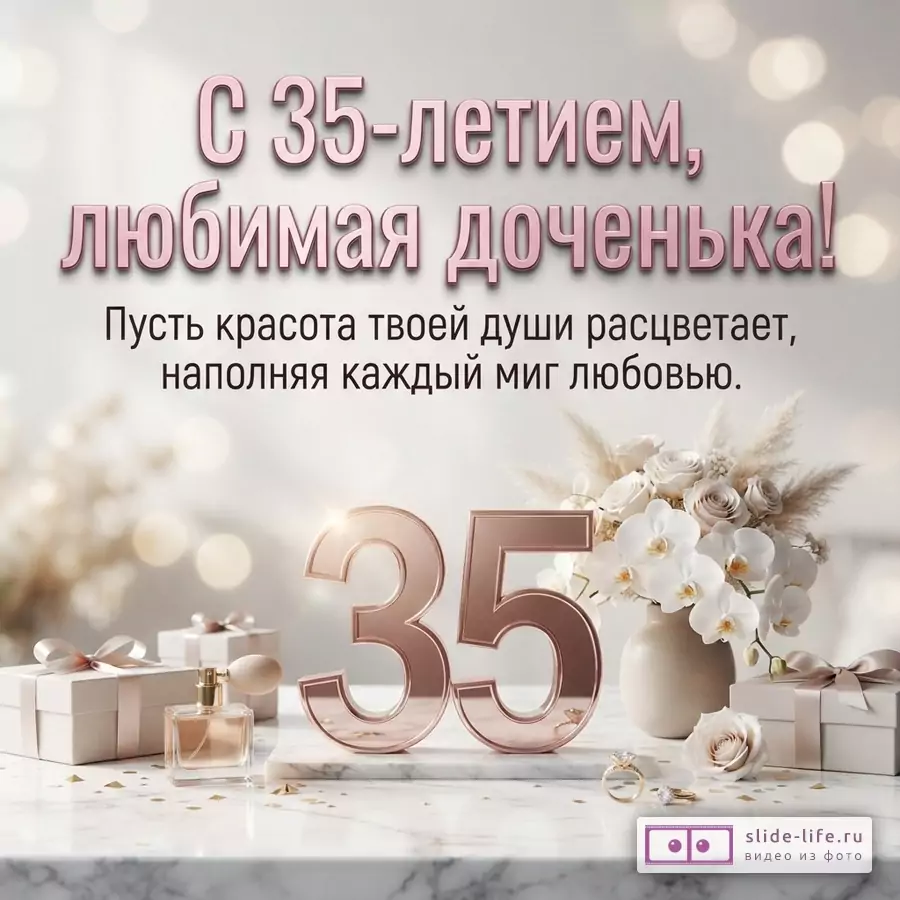 Объемная цифра 35 цвета розового золота, флакон духов, подарки и белые орхидеи с надписью «С 35-летием, любимая доченька! Пусть красота твоей души расцветает, наполняя каждый миг любовью».