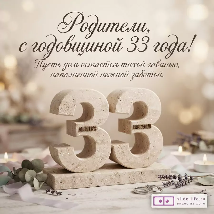 Фон бежевый с боке, в центре крупные каменные цифры 33, на переднем плане свечи, цветы лаванды, кольца. Текст сверху «Родители, с годовщиной 33 года! Пусть дом остается тихой гаванью, наполненной нежной заботой.»