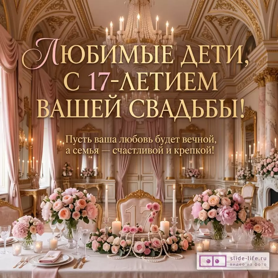 Бежево-розовый интерьер с золотым декором, люстрой, свечами, столом с розовыми цветами и цифрой 17. Текст: «Любимые дети, с 17-летием вашей свадьбы! Пусть ваша любовь будет вечной, а семья — счастливой и крепкой!»