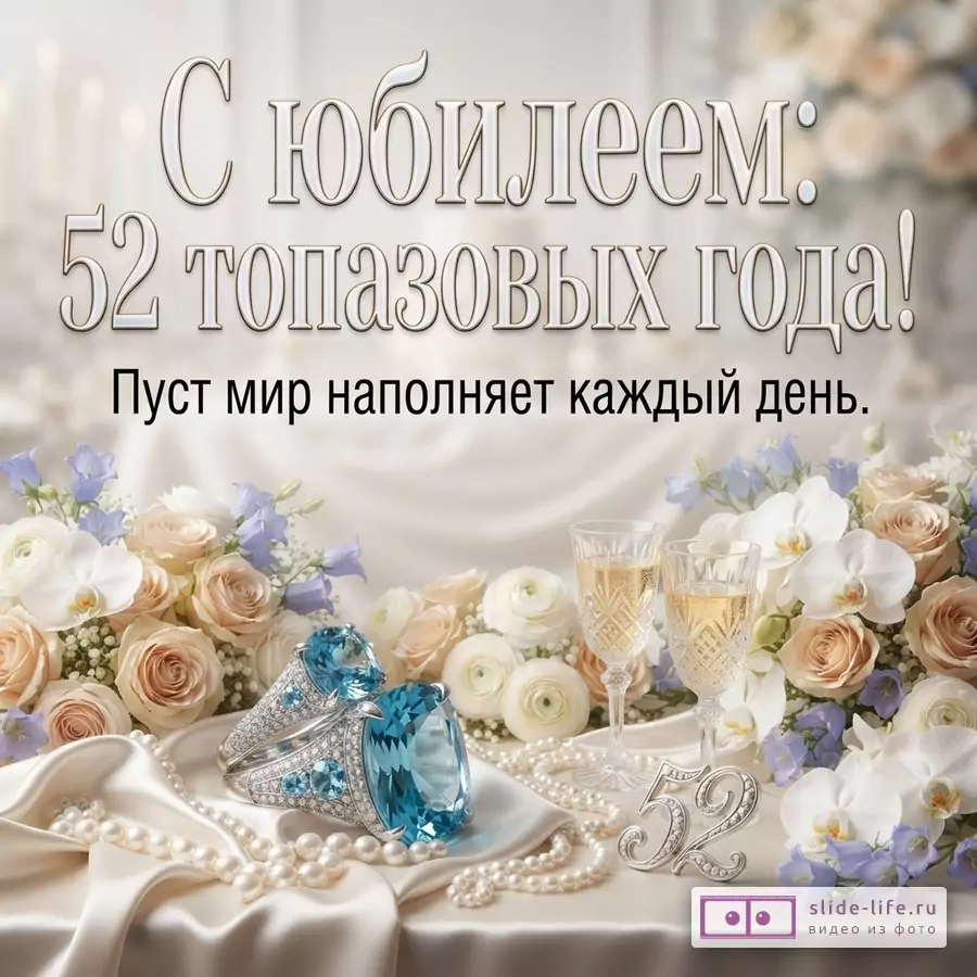 Бежевый фон, букеты цветов, два бокала шампанского, кольцо с голубым топазом, жемчужное ожерелье, цифра 52. Текст: «С юбилеем: 52 топазовых года! Пусть мир наполняет каждый день.»