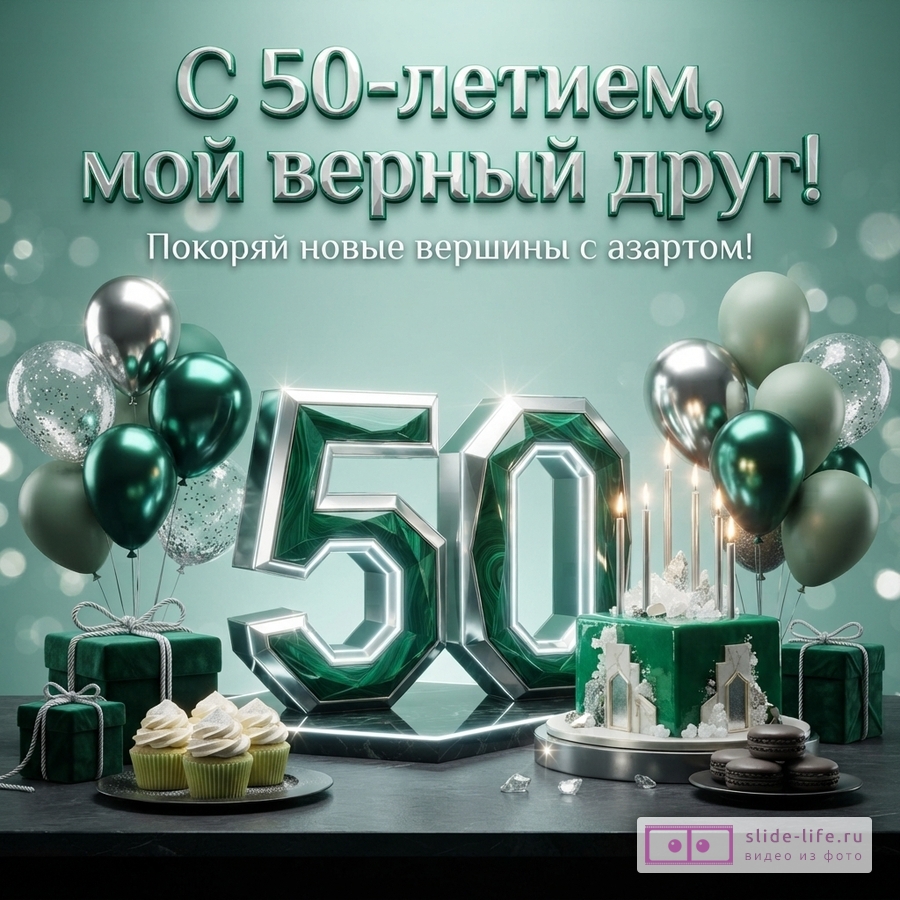 Открытка с юбилеем 50 лет, фон бирюзовый, текст «С 50-летием, мой верный друг! Покоряй новые вершины с азартом!», цифры 50, воздушные шары, подарки, торт, капкейки