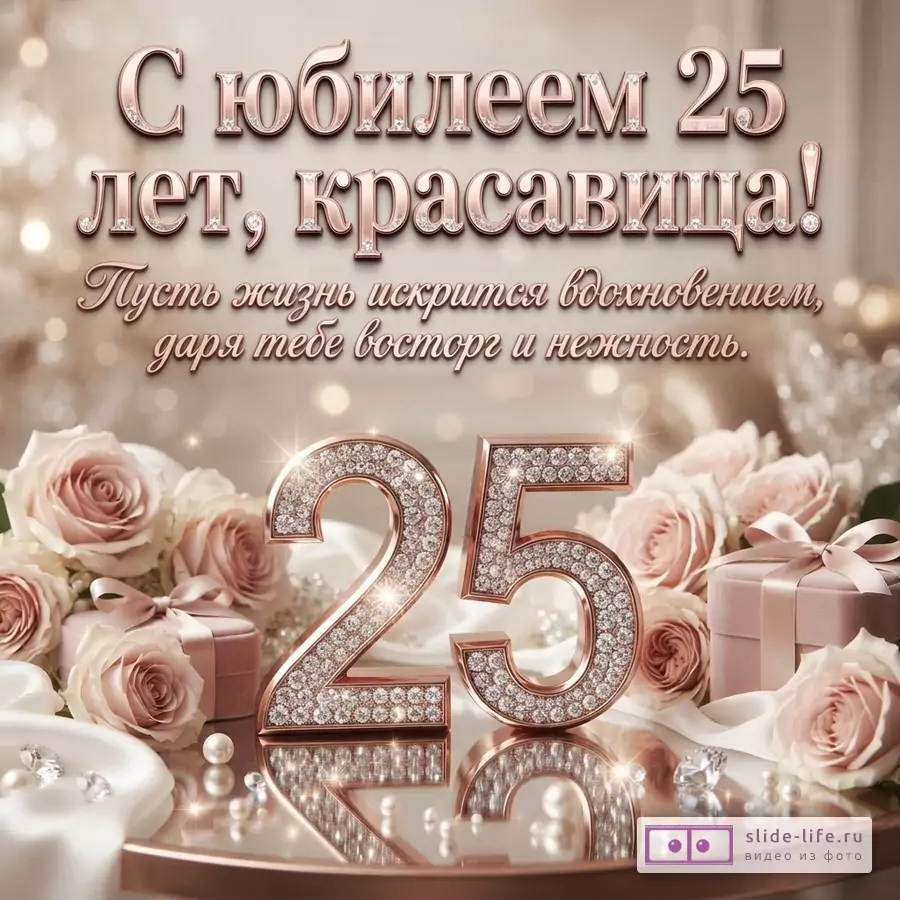 Объемная цифра 25 с кристаллами в окружении розовых роз и подарков с текстом «С юбилеем 25 лет, красавица! Пусть жизнь искрится вдохновением, даря тебе восторг и нежность.»