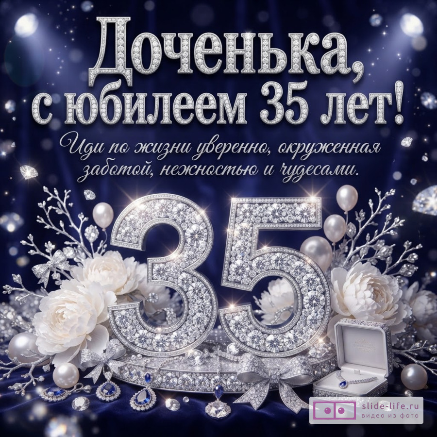 Объемная бриллиантовая цифра 35 на темно-синем фоне с белыми цветами, жемчугом и надписью «Доченька, с юбилеем 35 лет! Иди по жизни уверенно, окруженная заботой, нежностью и чудесами.»