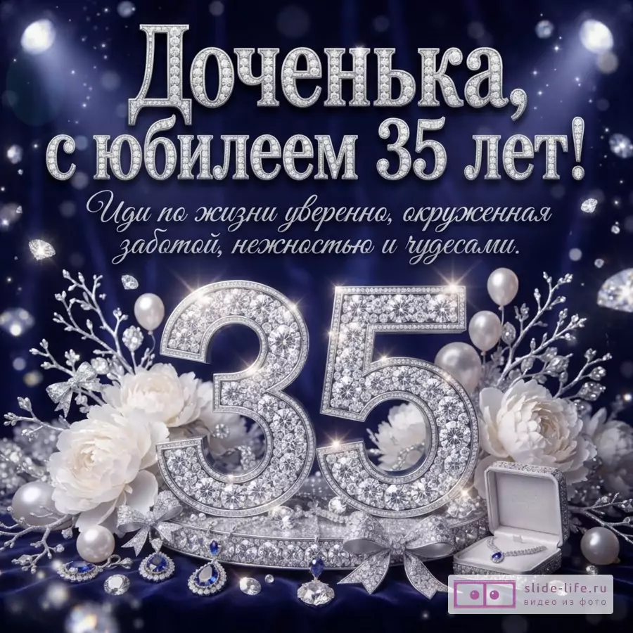 Объемная бриллиантовая цифра 35 на темно-синем фоне с белыми цветами, жемчугом и надписью «Доченька, с юбилеем 35 лет! Иди по жизни уверенно, окруженная заботой, нежностью и чудесами.»