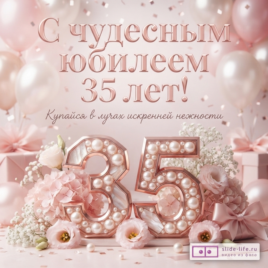 Объемная цифра 35 с жемчужинами в окружении розовых цветов и воздушных шаров с текстом «С чудесным юбилеем 35 лет! Купайся в лучах искренней нежности».