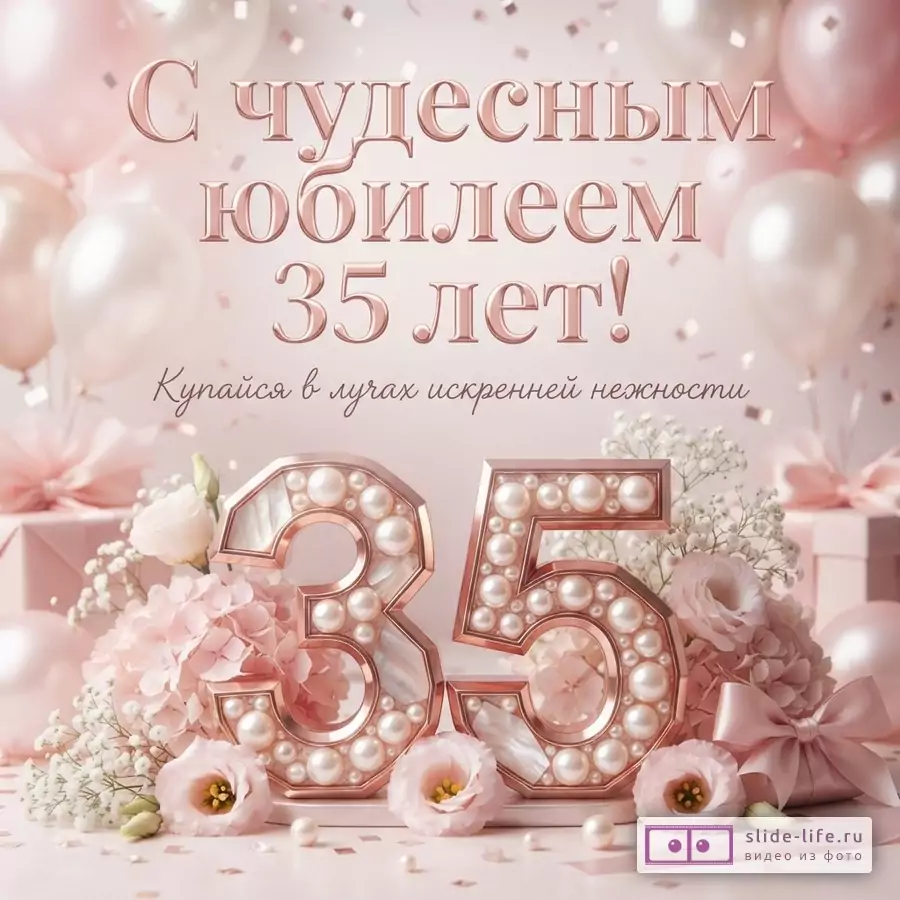 Объемная цифра 35 с жемчужинами в окружении розовых цветов и воздушных шаров с текстом «С чудесным юбилеем 35 лет! Купайся в лучах искренней нежности».