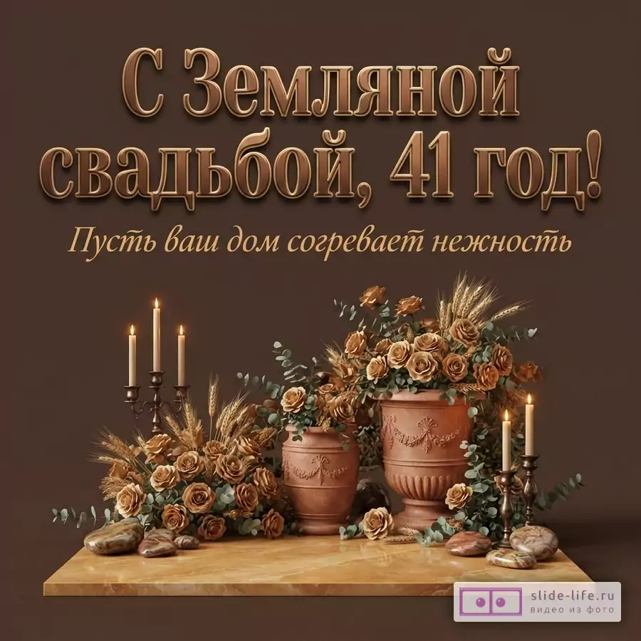 Коричневый фон. Сверху надпись «С Земляной свадьбой, 41 год! Пусть ваш дом согревает нежность». Внизу мраморная столешница, на ней вазы с цветами, колосьями, свечи в подсвечниках, камни.