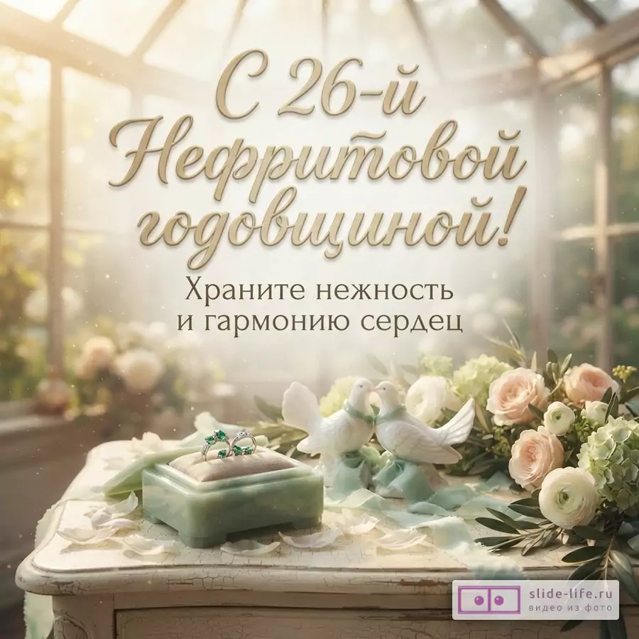 Нефритовая шкатулка с кольцами, пара белых голубей и цветы на столике в оранжерее, надпись: «С 26-й Нефритовой годовщиной! Храните нежность и гармонию сердец».