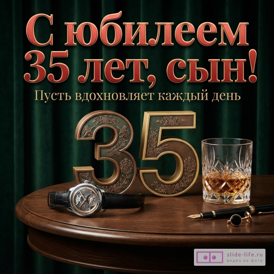 Изумрудный фон со шторами, объемная цифра 35, наручные часы, стакан виски со льдом, запонки и перьевая ручка на столе, надпись «С юбилеем 35 лет, сын! Пуст вдохновляет каждый день».
