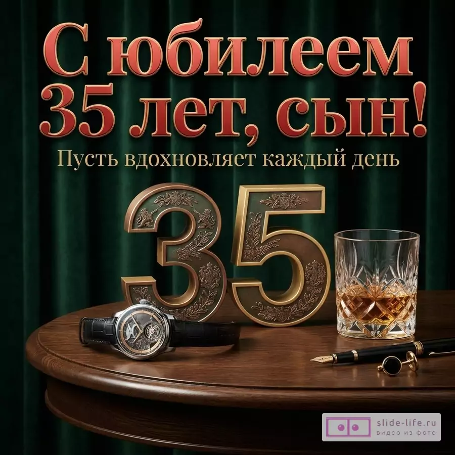Изумрудный фон со шторами, объемная цифра 35, наручные часы, стакан виски со льдом, запонки и перьевая ручка на столе, надпись «С юбилеем 35 лет, сын! Пуст вдохновляет каждый день».