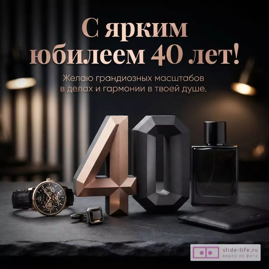 Открытка с черным фоном, сверху текст золотистого цвета. Внизу на черной поверхности лежат часы с черным ремешком и золотистым циферблатом, запонки, цифры «40» золотистого и черного цвета, флакон духов и черная визитница. Текст на открытке: «С ярким юбилеем 40 лет! Желаю грандиозных масштабов в делах и гармонии в твоей душе.»