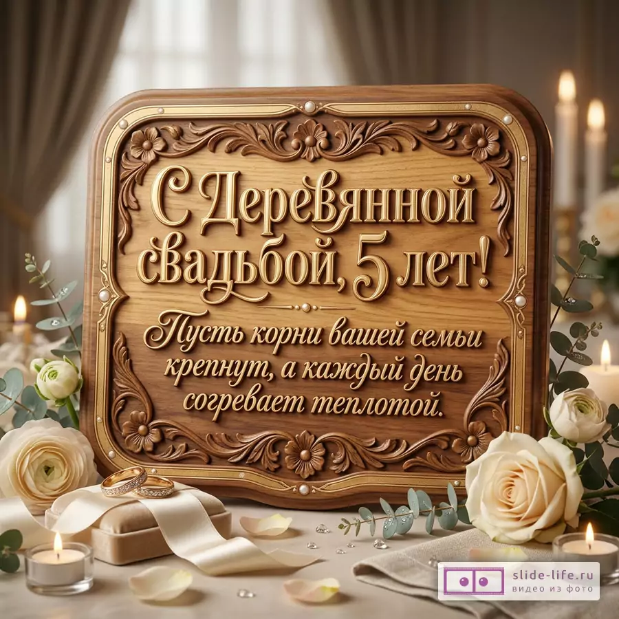 Деревянная резная табличка, бежево-коричневый фон, белые розы, свечи, коробочка с кольцами, эвкалипт, текст «С Деревянной свадьбой, 5 лет! Пусть корни вашей семьи крепнут, а каждый день согревает теплотой.»