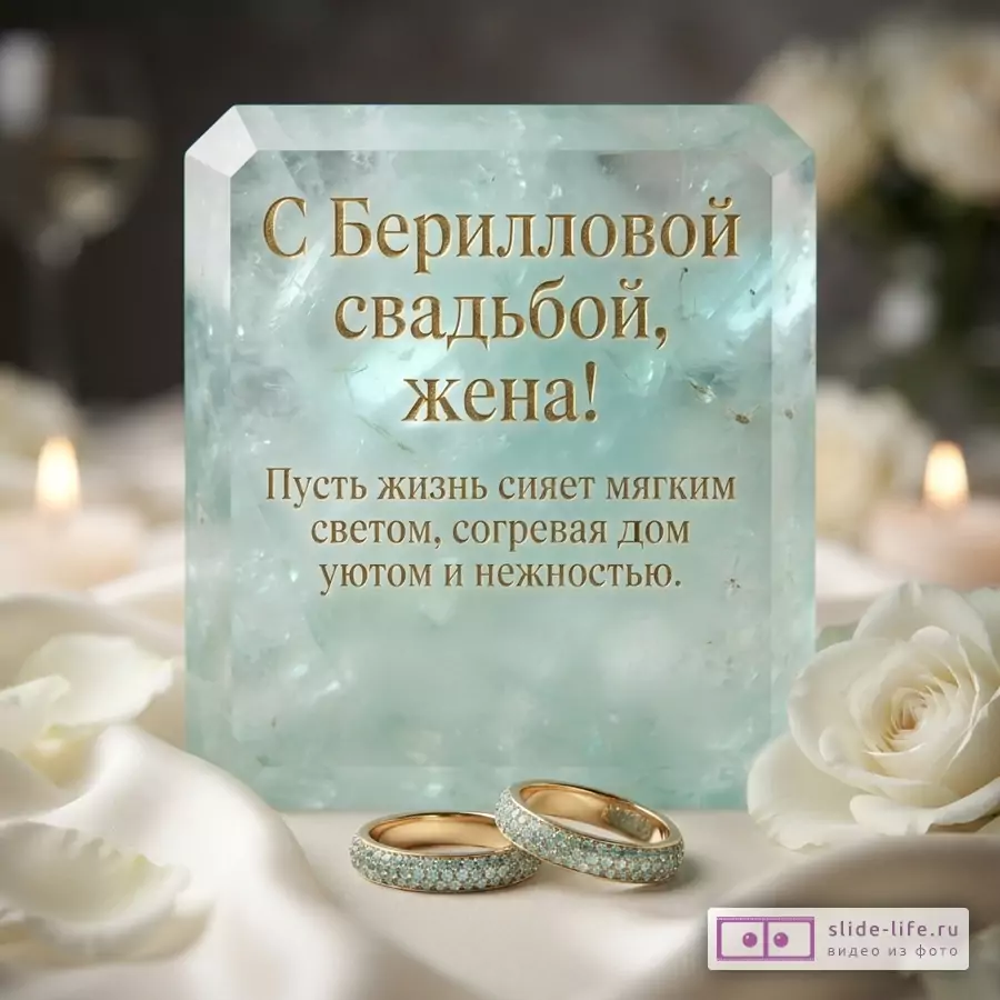 Светло-бирюзовый кристалл с надписью «С Берилловой свадьбой, жена! Пусть жизнь сияет мягким светом, согревая дом уютом и нежностью», обручальные кольца и белые розы.