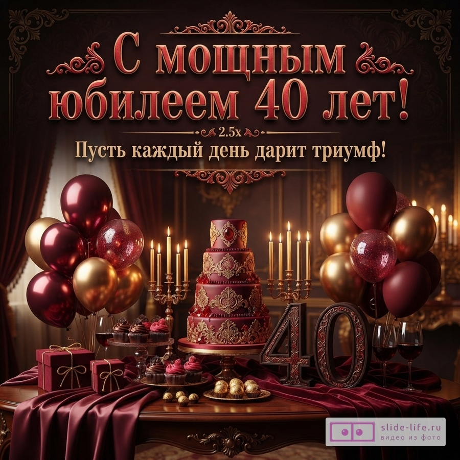 Темно-коричневый фон, на переднем плане стол с бордовой скатертью. На столе многоярусный торт, свечи, воздушные шары бордового и золотого цвета, подарки, пирожные, цифры «40». Текст «С мощным юбилеем 40 лет! Пусть каждый день дарит триумф!»