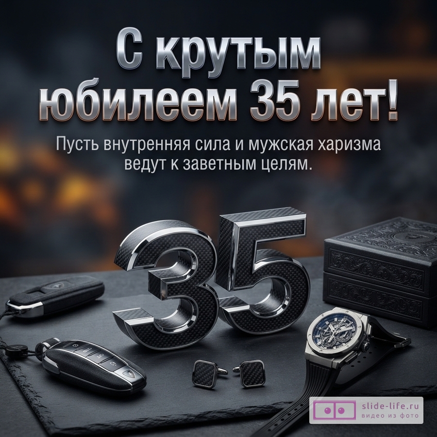 Объемная карбоновая цифра 35, наручные часы, запонки и автомобильные ключи на темном фоне с надписью «С крутым юбилеем 35 лет! Пусть внутренняя сила и мужская харизма ведут к заветным целям.»