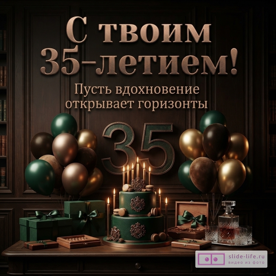 Темный интерьер кабинета, зеленый торт со свечами, подарки, графин и воздушные шары с текстом «С твоим 35-летием! Пусть вдохновение открывает горизонты».