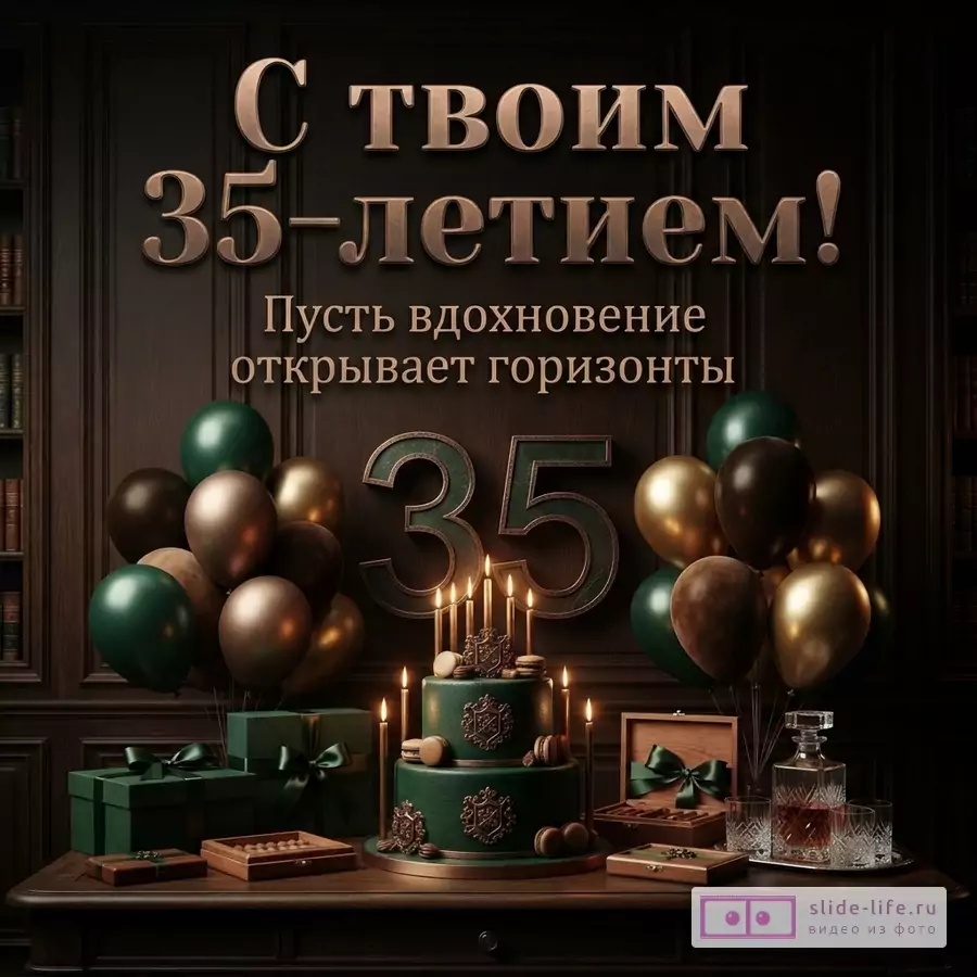Темный интерьер кабинета, зеленый торт со свечами, подарки, графин и воздушные шары с текстом «С твоим 35-летием! Пусть вдохновение открывает горизонты».