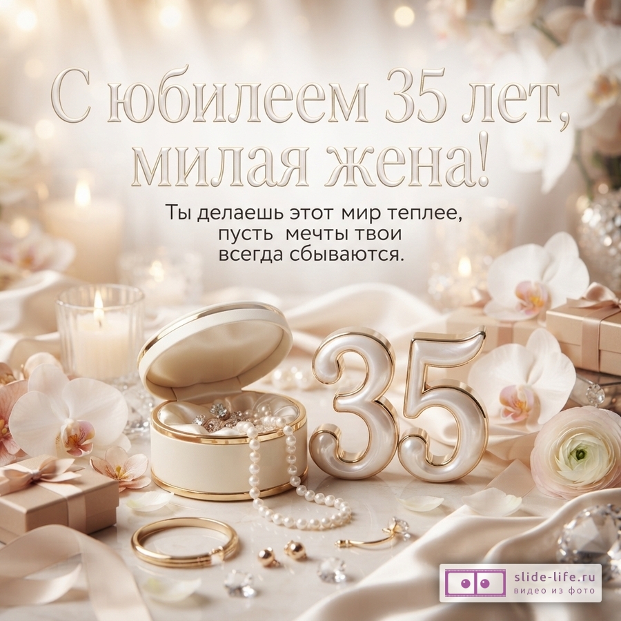 Светлый фон с боке, свечи, орхидеи, жемчужное ожерелье, браслет, серьги, цифры «35». Текст: «С юбилеем 35 лет, милая жена! Ты делаешь этот мир теплее, пусть мечты твои всегда сбываются.»