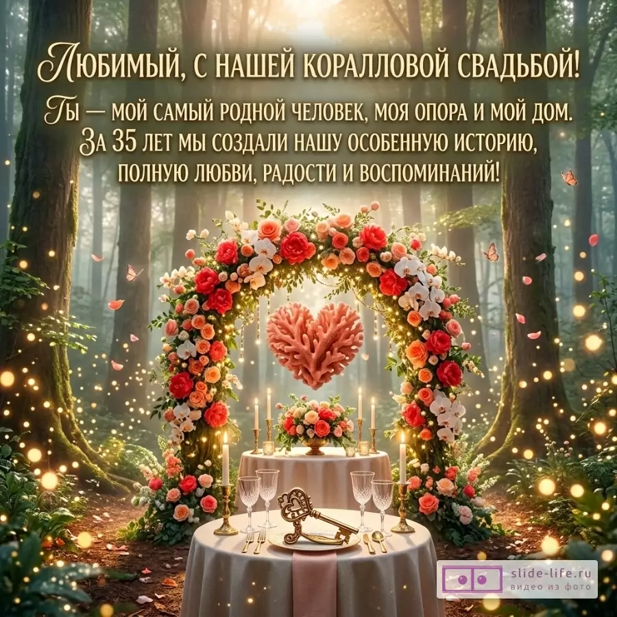 Теплый лесной фон с сиянием, цветочная арка, коралл, свечи, сервировка; текст: «Любимый, с нашей коралловой свадьбой! Ты — мой самый родной человек, моя опора и мой дом. За 35 лет мы создали нашу особенную историю, полную любви, радости и воспоминаний!»