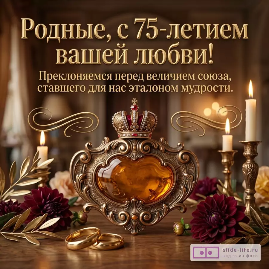 Золотой флакон с короной, обручальные кольца, свечи и цветы с текстом «Родные, с 75-летием вашей любви! Преклоняемся перед величием союза, ставшего для нас эталоном мудрости.»