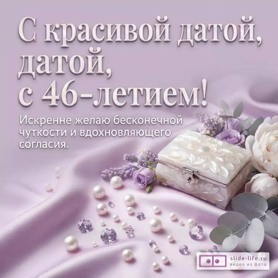 Фиолетовый фон, шелковая ткань, жемчуг, стразы, шкатулка, цветы. Текст: «С красивой датой, датой, с 46-летием! Искренне желаю бесконечной чуткости и вдохновляющего согласия.»