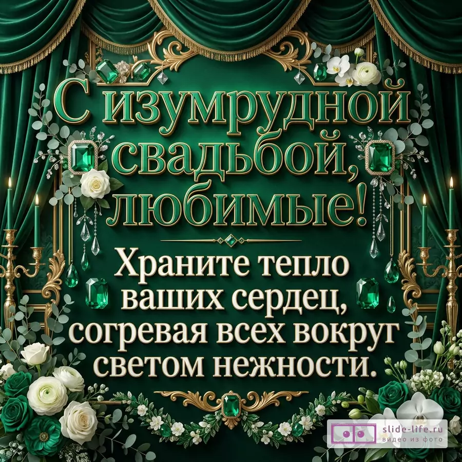 Открытка с темно-зеленым фоном, изумрудными шторами, золотым орнаментом, свечами, белыми и зелеными цветами, изумрудами, текстом «С изумрудной свадьбой, любимые! Храните тепло ваших сердец, согревая всех вокруг светом нежности.»