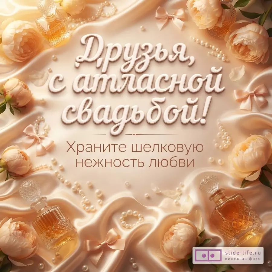 Персиковый атласный шелк, пионы, флаконы духов, жемчуг и надпись «Друзья, с атласной свадьбой! Храните шелковую нежность любви».