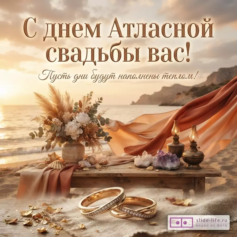 Деревянный стол с масляными лампами, цветами и ракушками на фоне моря, драпировка и текст «С днем Атласной свадьбы вас! Пусть дни будут наполнены теплом!»