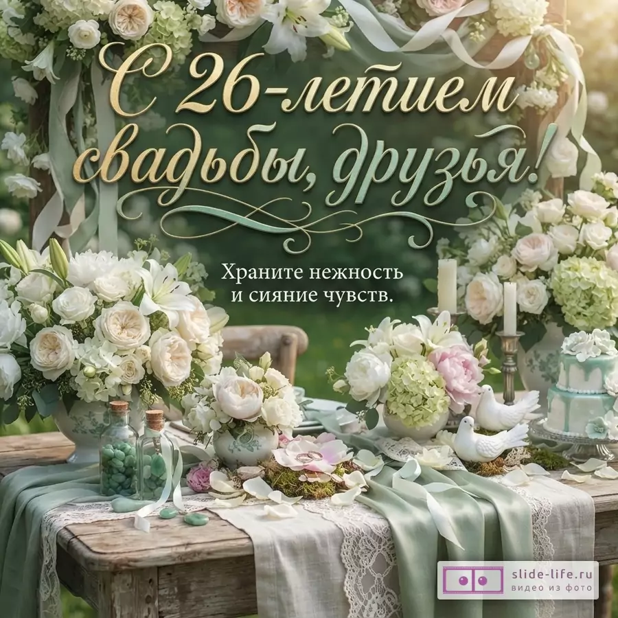 Зелёный фон, цветочные композиции, декоративные ленты, стол с вазами и свечами, текст «С 26-летием свадьбы, друзья! Храните нежность и сияние чувств.»