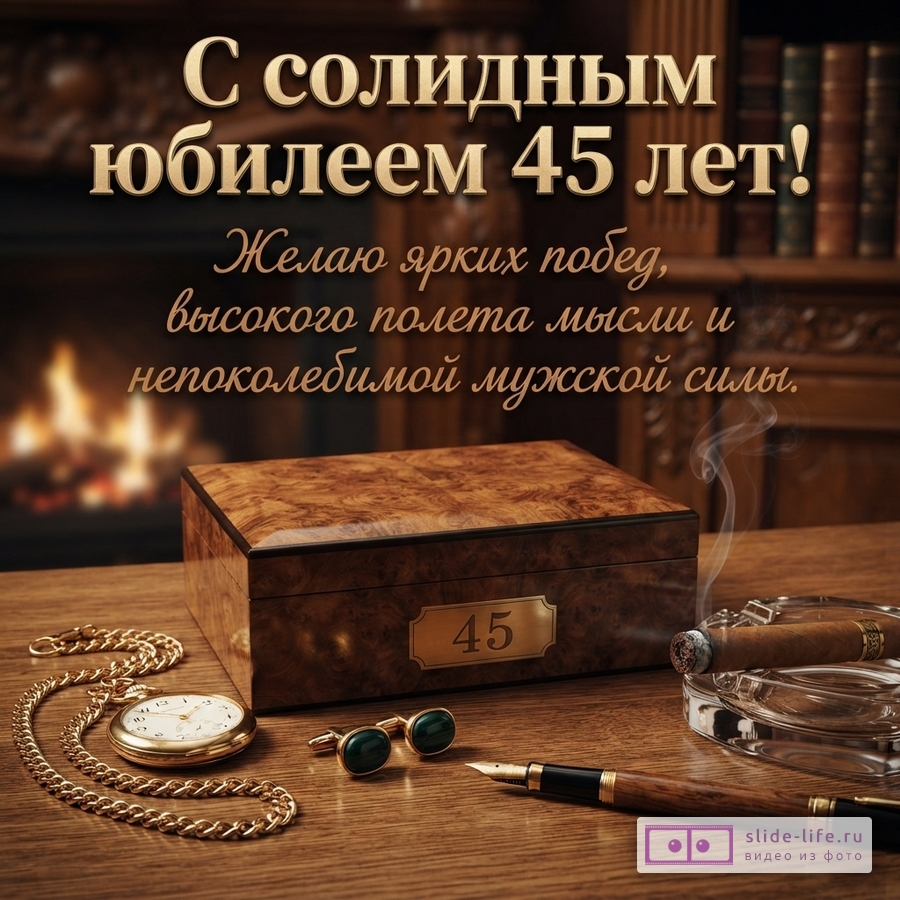 Фон с камином и книжными полками. На переднем плане деревянный стол, на котором лежит шкатулка с цифрой «45», золотые часы на цепочке, запонки, перьевая ручка и сигара в пепельнице. Текст: «С солидным юбилеем 45 лет! Желаю ярких побед, высокого полета мысли и непоколебимой мужской силы.»
