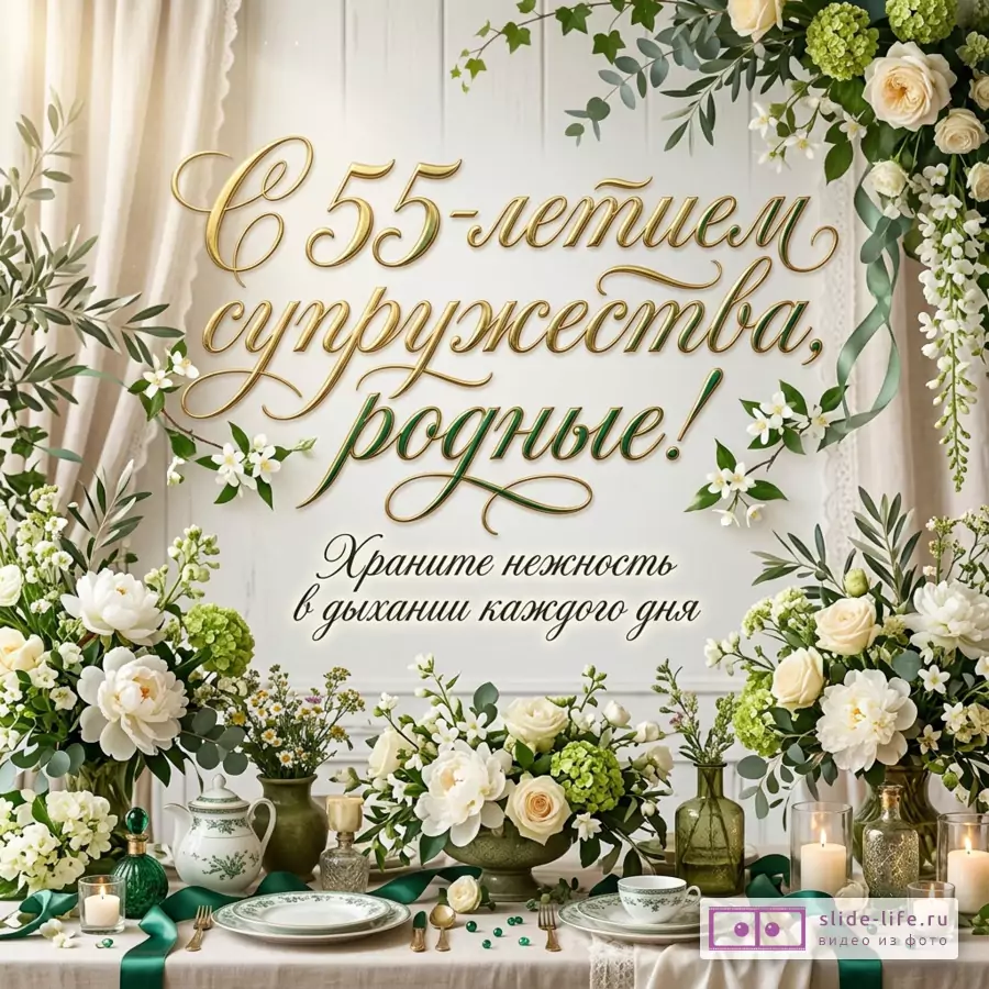 Открытка с белым фоном, зелёными и кремовыми цветами, листвой, зелёными лентами, сервировкой стола, свечами, золотой каллиграфией «С 55-летием супружества, родные!» и текстом «Храните нежность в дыхании каждого дня»