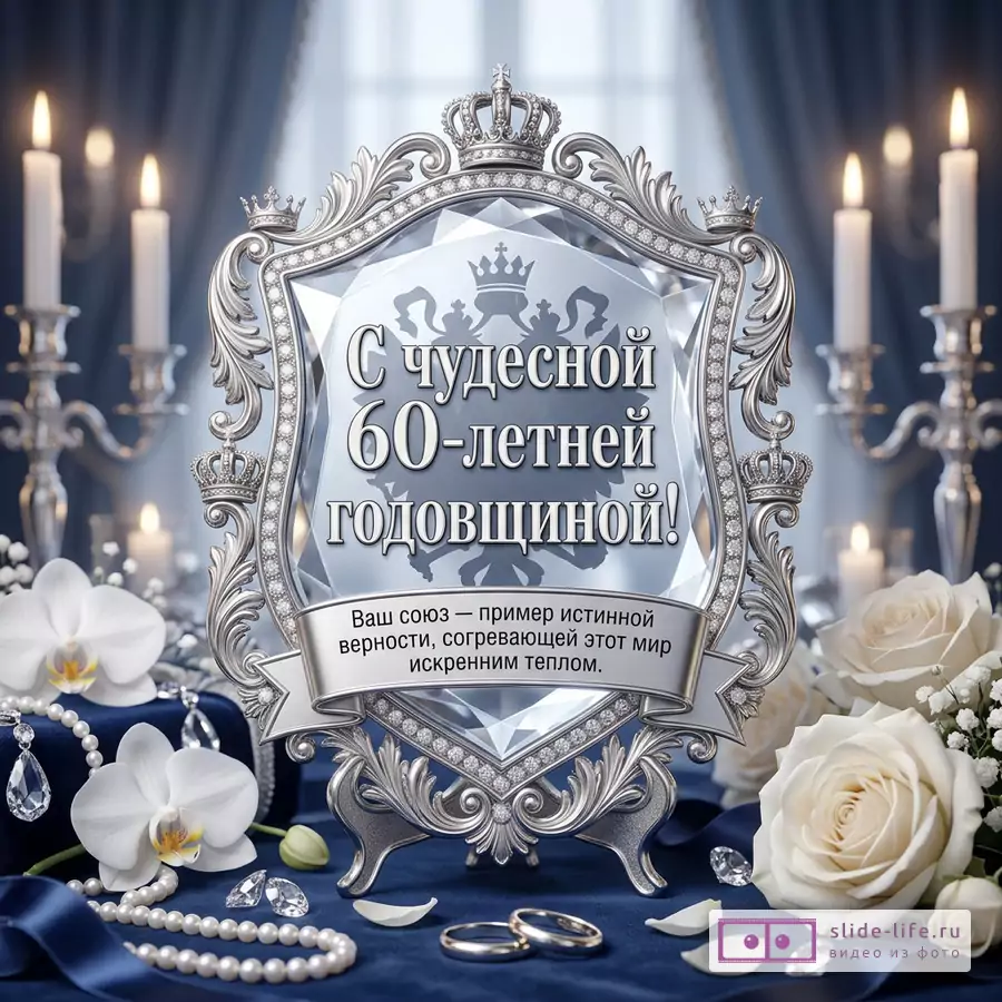 Серебристая декоративная рамка с кристаллом, синие шторы, свечи, белые розы, орхидеи, жемчуг, кольца, текст «С чудесной 60-летней годовщиной! Ваш союз — пример истинной верности, согревающей этот мир искренним теплом.»