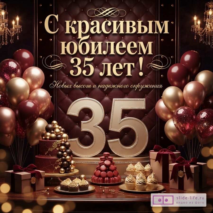 Объемная цифра 35 на фоне стеганой бордовой стены с воздушными шарами, праздничным тортом, капкейками и надписью «С красивым юбилеем 35 лет!»